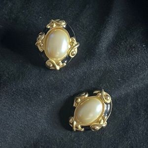 Vintage Givenchy oval enamel & faux pearl cabochon earrings